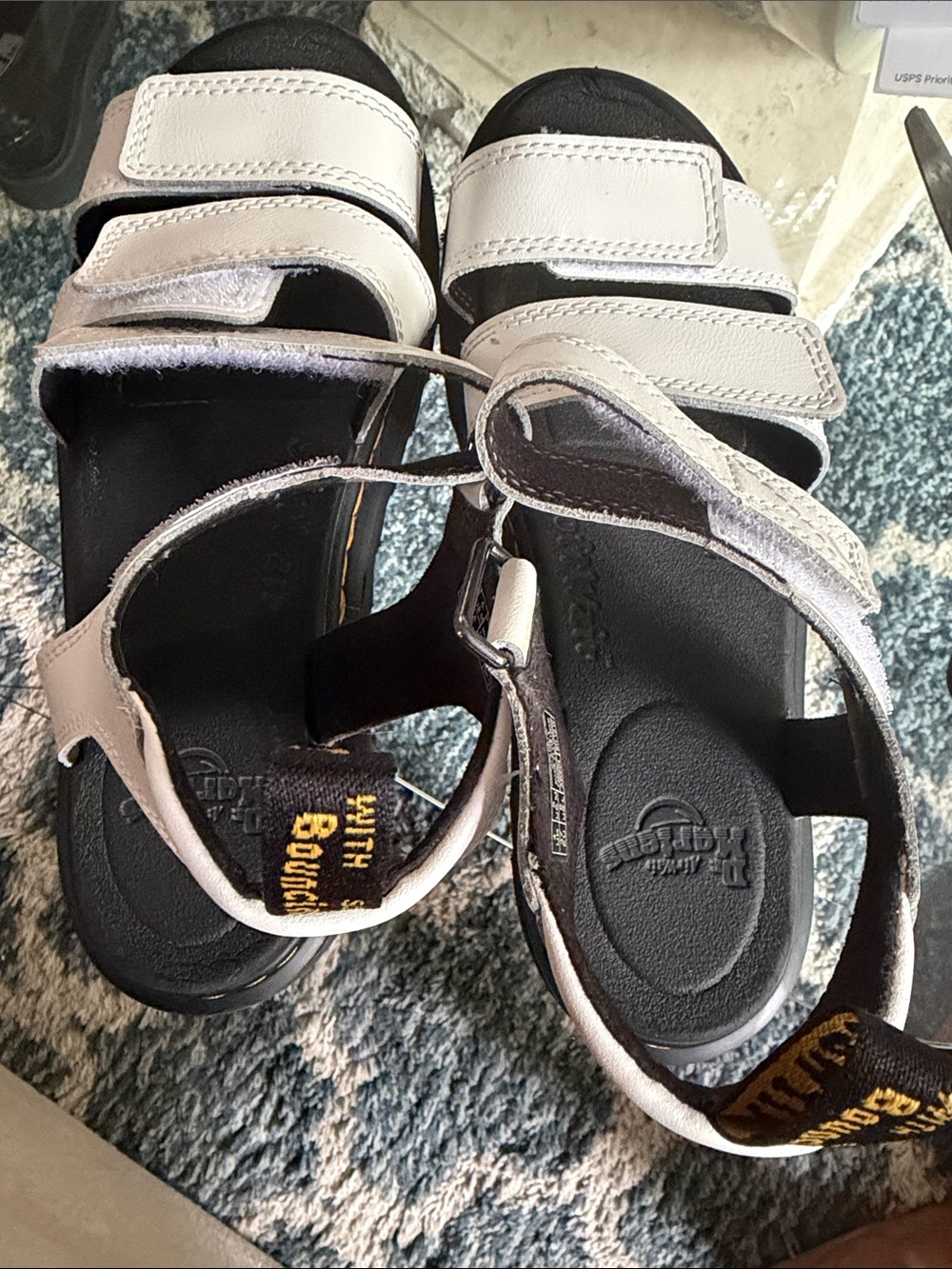 Dr. Martens White and Black Leather Hook-and-Loop Sandals